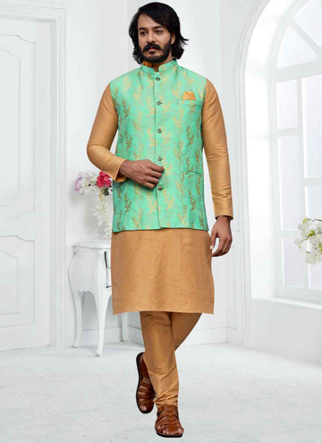 Light Green Jacket With Cream Woven Art Silk Kurta Set